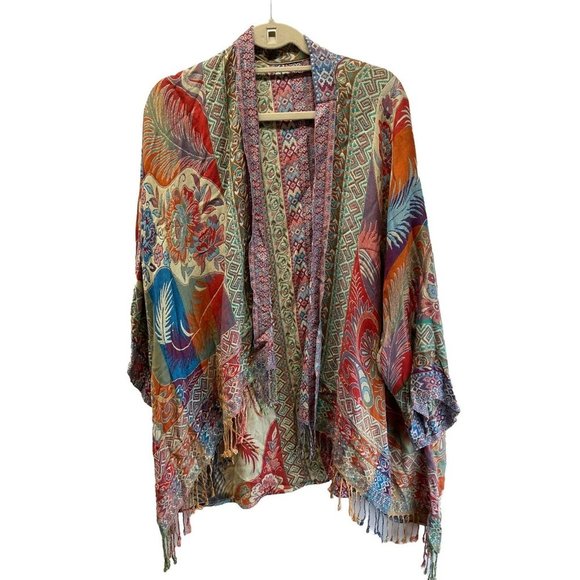 BOK Best of Kashmin Sweaters - BOK Best of Kashmir Long multicolor Print Kimono Rayon Fringe Hem BOHO one size